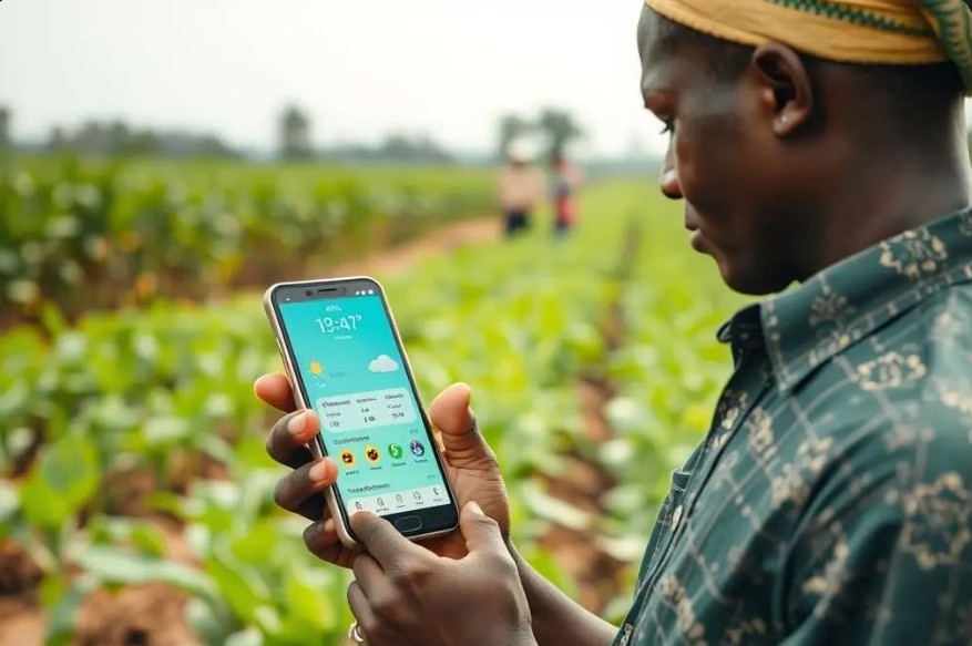 Agriculteur béninois utilisant l'IA mobile sur le terrain